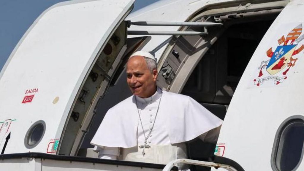 Pope Leo XIV disembarks the plane at Gando Air Base, during his apostolic journey on the island of Gran Canaria, Spain June 11, 2026