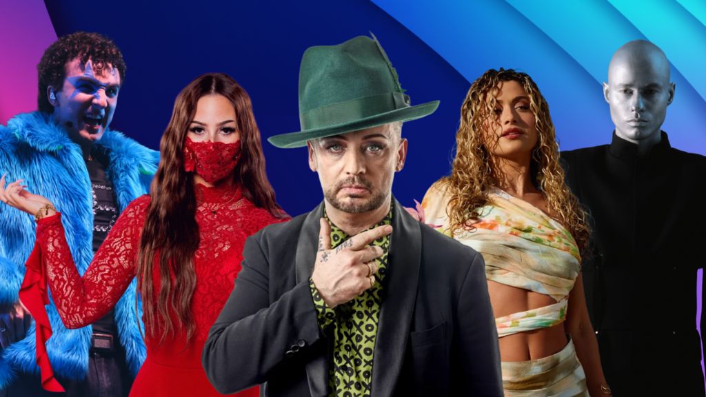 A montage of Eurovision hopefuls Cosmó, Felicia, Boy George, Antigoni and Lion Ceccah, against the official colours of the 2026 contest