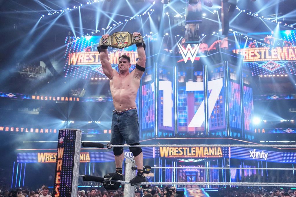 John Cena celebrates his win during WrestleMania 41 Sunday at Allegiant Stadium on April 20, 2025 in Las Vegas, Nevada. 