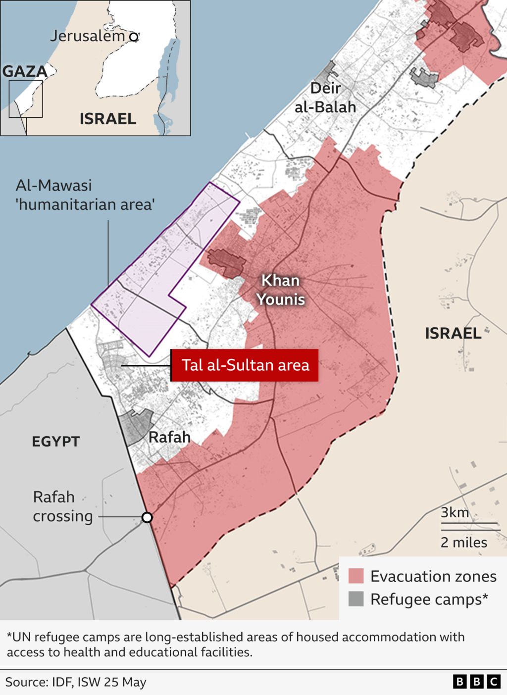 Map of southern Gaza showing the evacuation zones and identifying Tal al-Sultan neighbourhood.