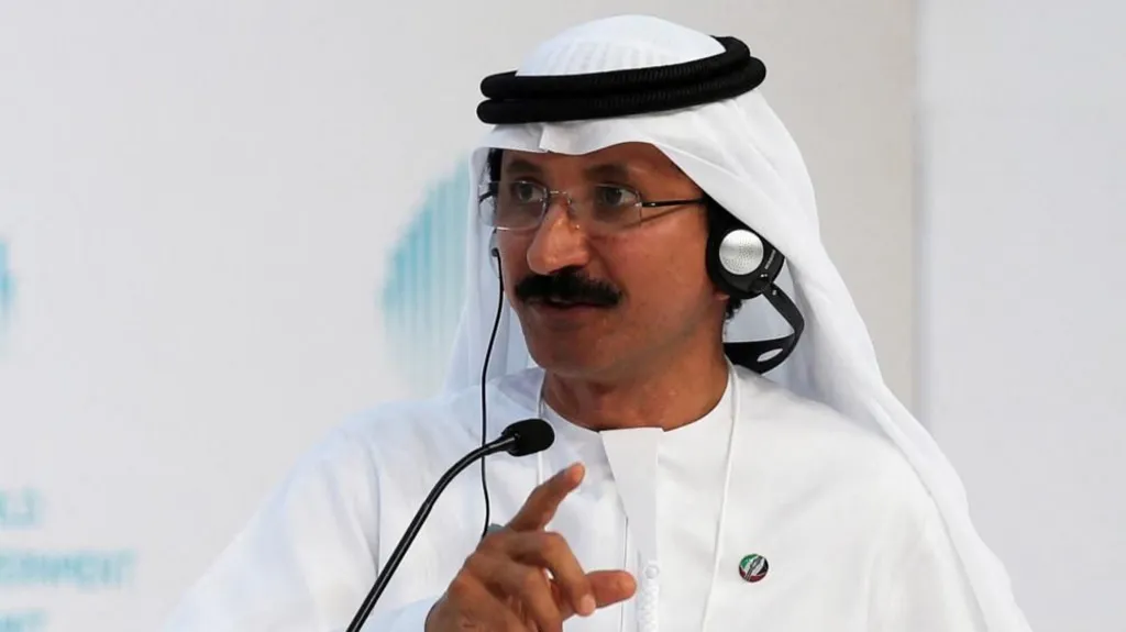 Sultan Ahmed bin Sulayem, wearing white, gestures during the World Government Summit in Dubai in 2017.