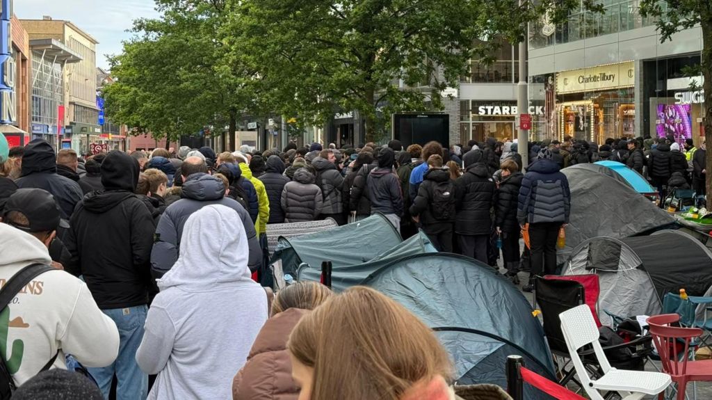 Hundreds of people wait in a queue snaking back from the shop entrance, packing out a pedestrianised street. Glass fronted stores line the road on both sides with trees in the middle.