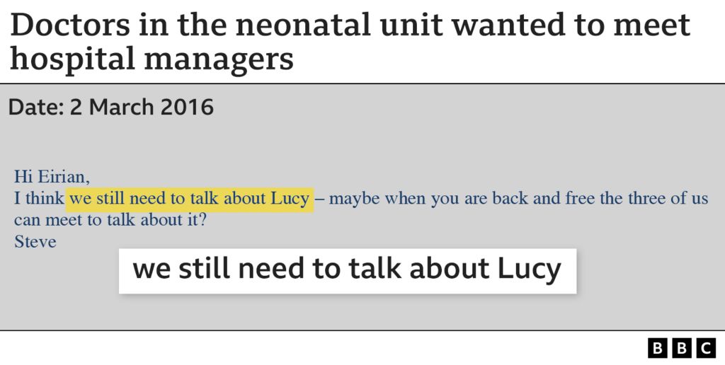 Title: Doctors in the neonatal unit wanted to meet hospital managers - with "We still need to talk about Lucy" highlighted