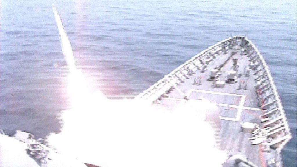 A missile is fired from the US warship, USS Vincennes on 3 July 1988