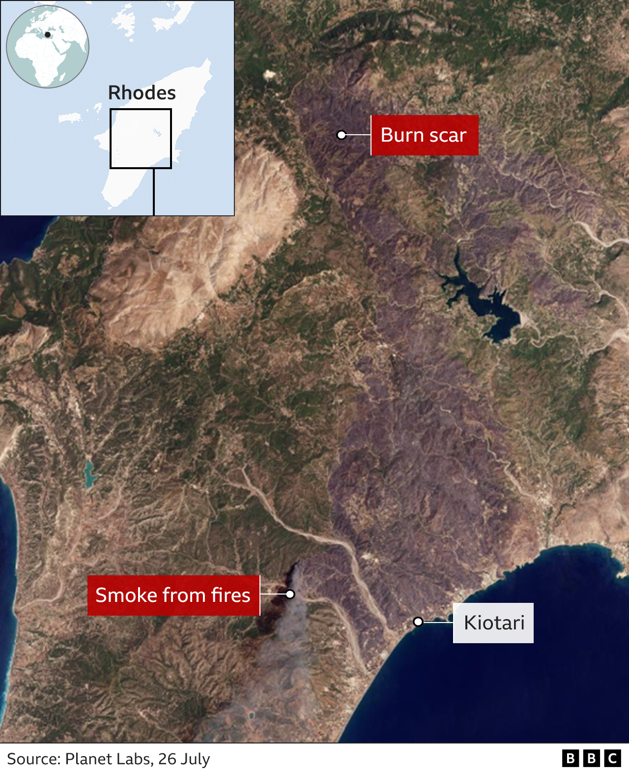 Satellite image shows burn scar and smoke from wildfires near Kiotari on Rhodes