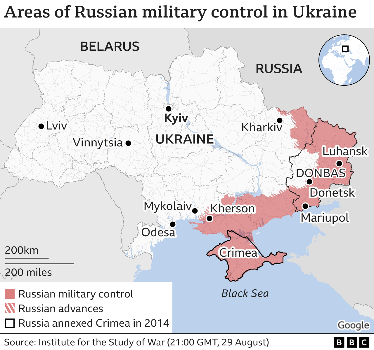 Map showing areas of Ukraine that remain under Russian military control. 29 Aug.