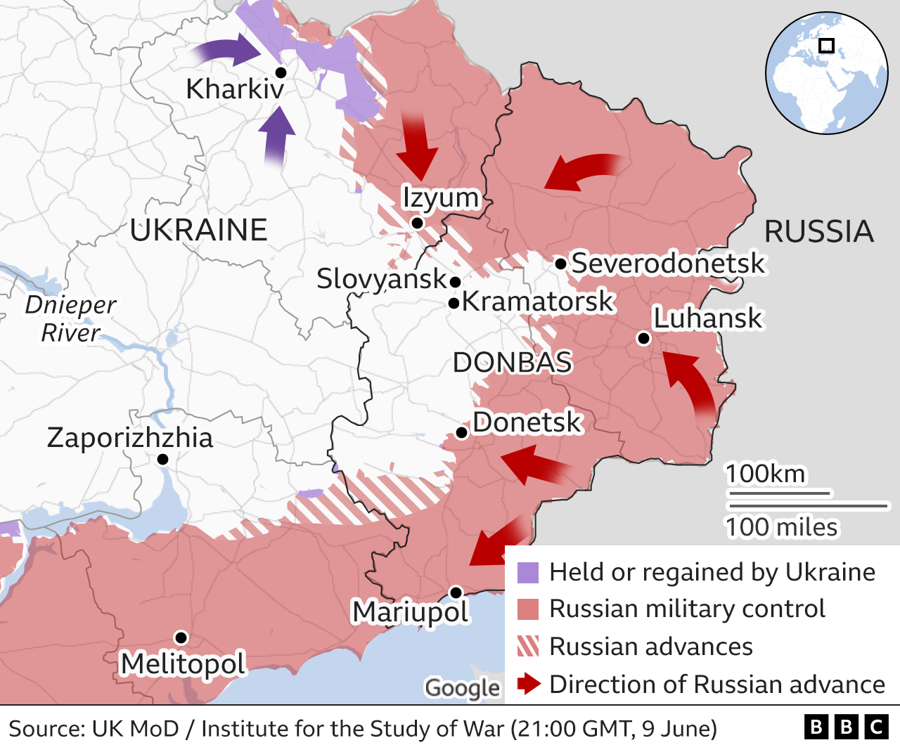 Map of eastern Ukraine, showing Russian areas of control, updated 10 June