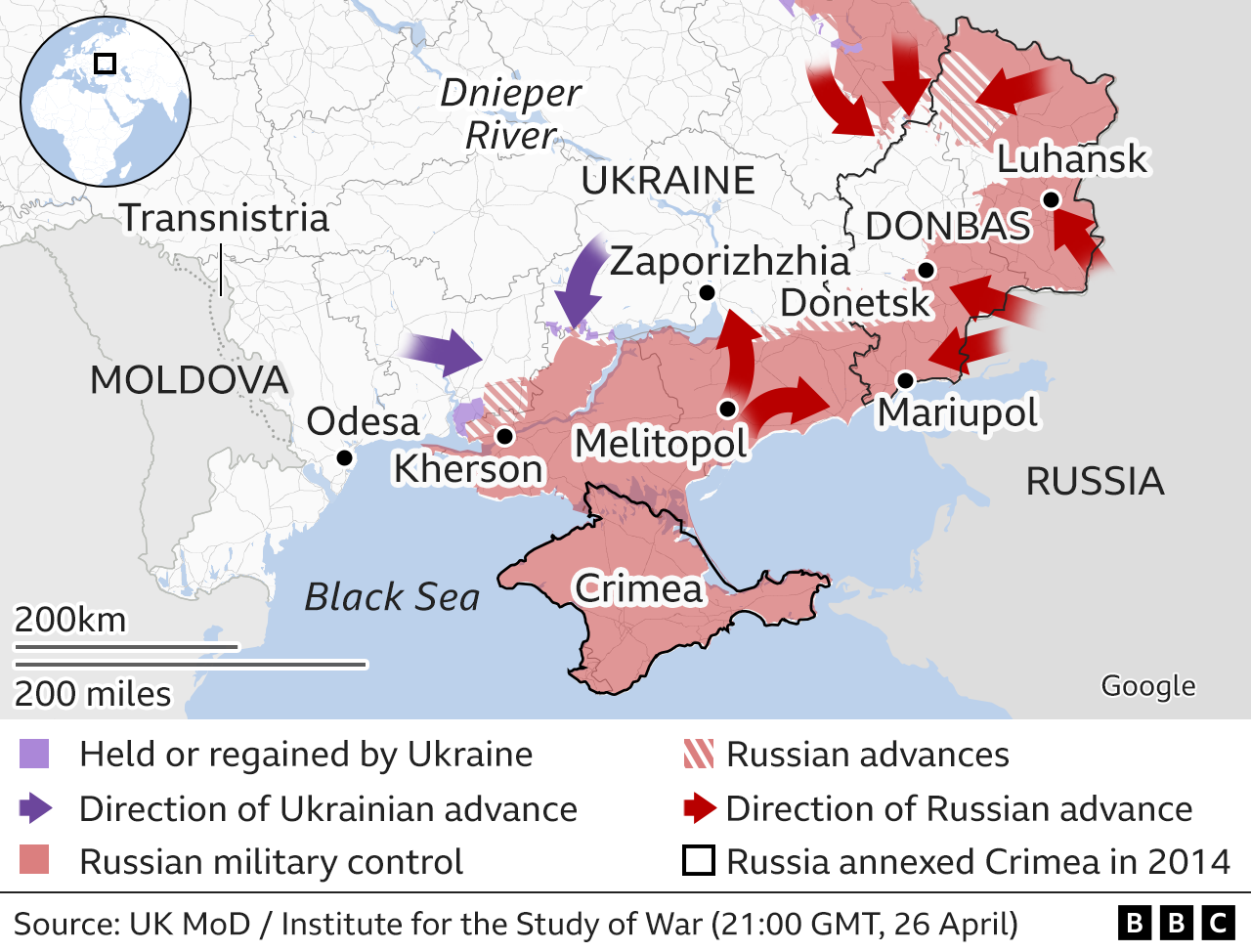 Map showing the Russian military advance into Ukraine from the south