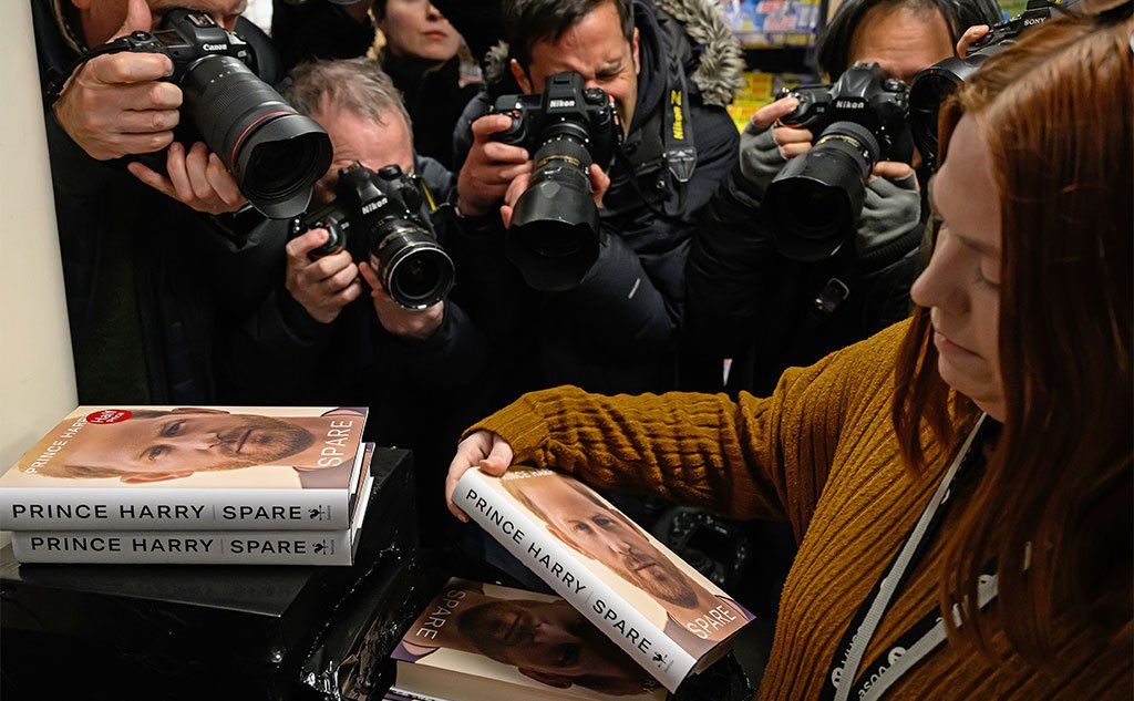 Press gather at a book shop in London as the Harry's book "Spare" goes on sale at midnight, 10 January 2023