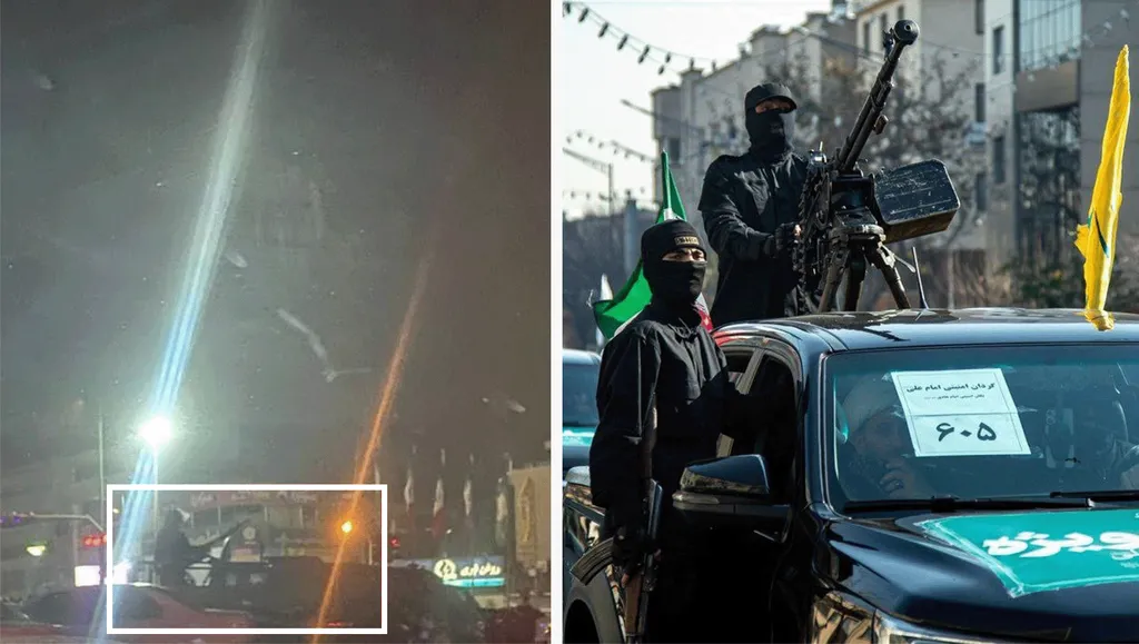 A composite image compares a black pickup truck with a DShKM-model machine gun mounted in the back in Tehran's Sadeghiyeh Square on the night of 8 January (left) to a nearly identical Islamic Revolutionary Guard Corps vehicle in a 2025 Imam Ali security battalion parade. 