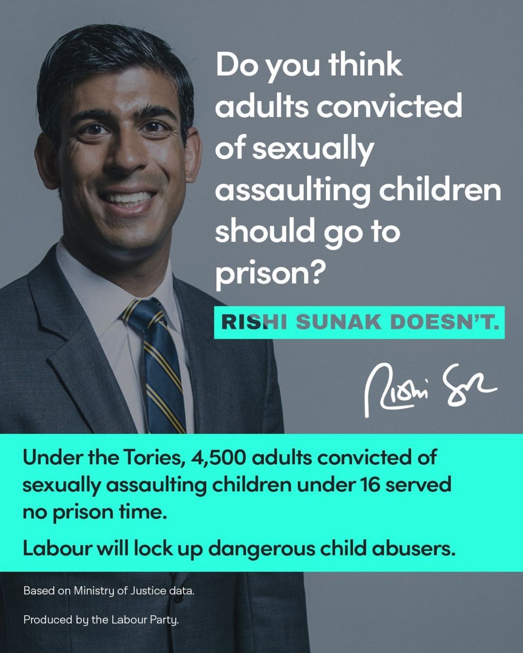 Labour's tweet saying Rishi Sunak does not support prison sentences for sexual assaults against children.