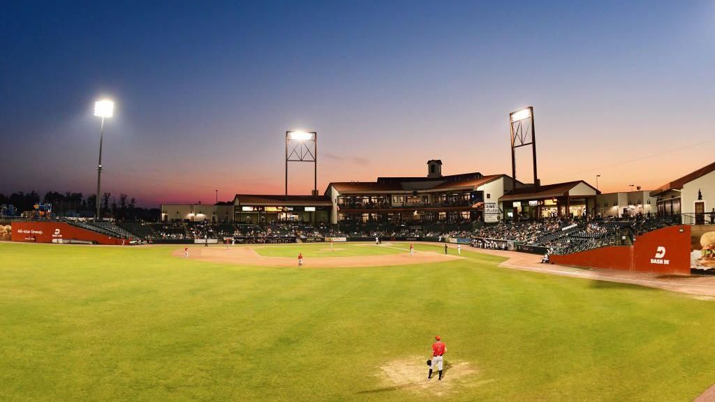 View of sunset over the ballpark during Southern Maryland Blue Crabs vs Lancaster Barnstormers game at Regency Furniture Stadium. Waldorf, MD 7/13/2019