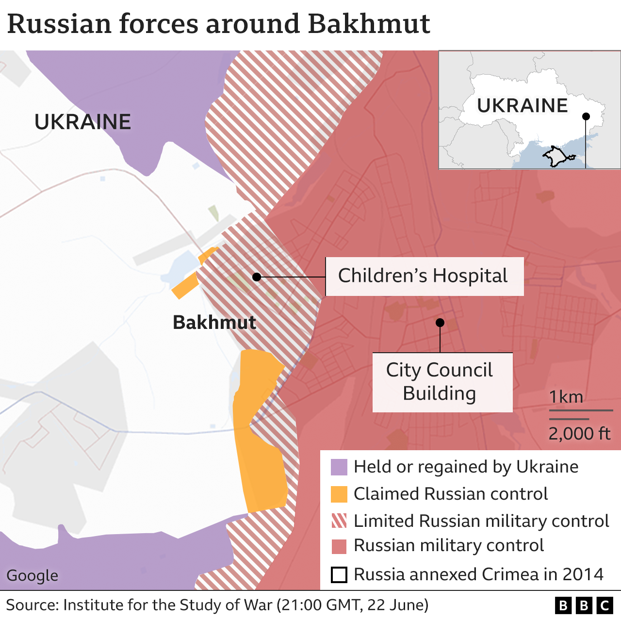 Map showing Russian forces around Bakhmut