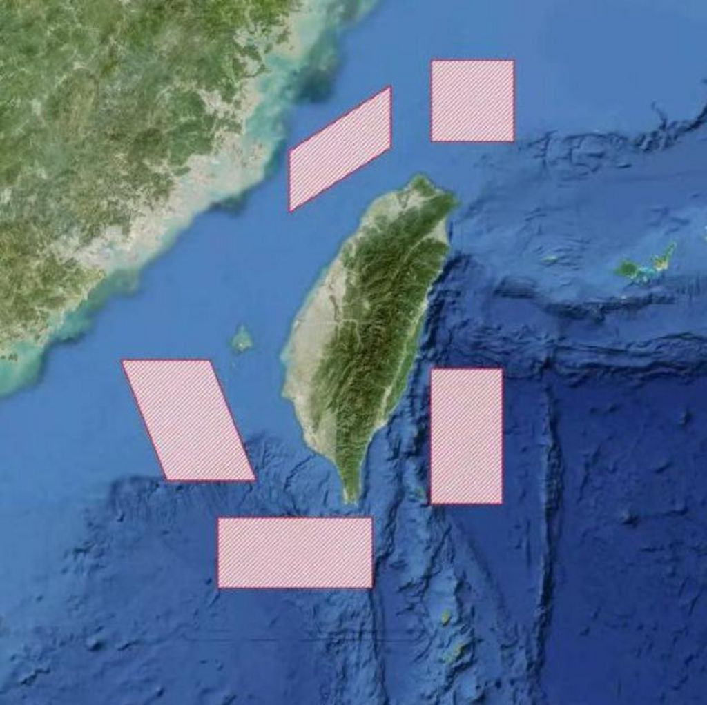 Map of area around Taiwan with red blocks showing military positions surrounding the main island
