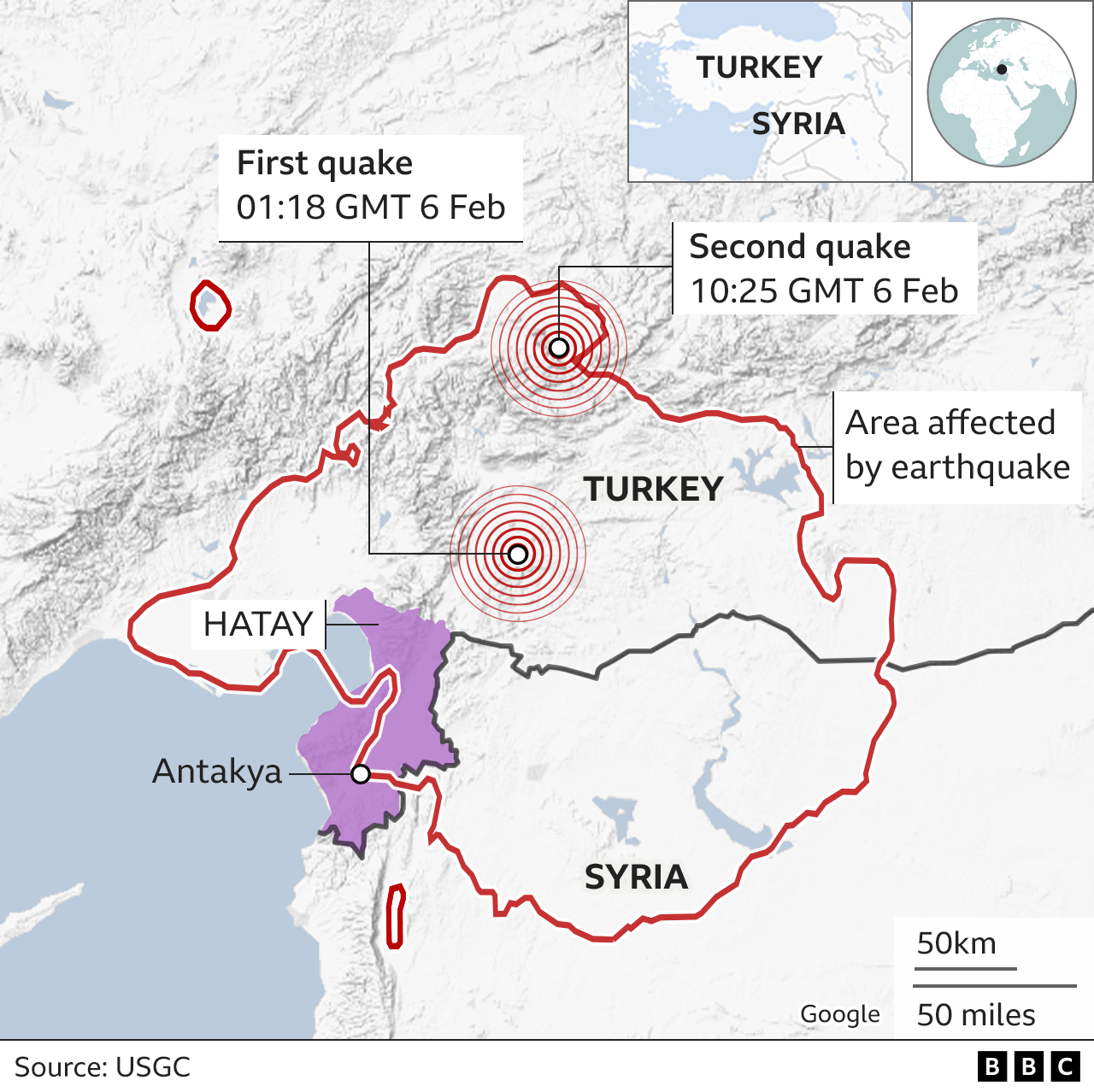 Карта, показывающая район, пострадавший от землетрясений в Турции, с выделенной Антакьей