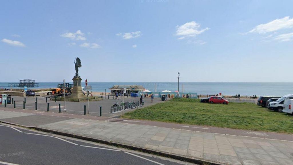 A google maps image of the sea with a small cafe on the promenade in front of it, some cars are parked on the grass nearby