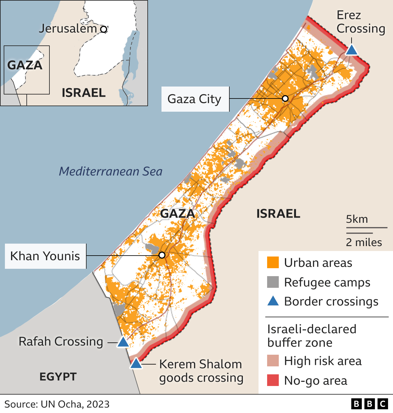 Map of Gaza, showing urban areas, refugee camps and border crossing between Gaza, Israel and Egypt.