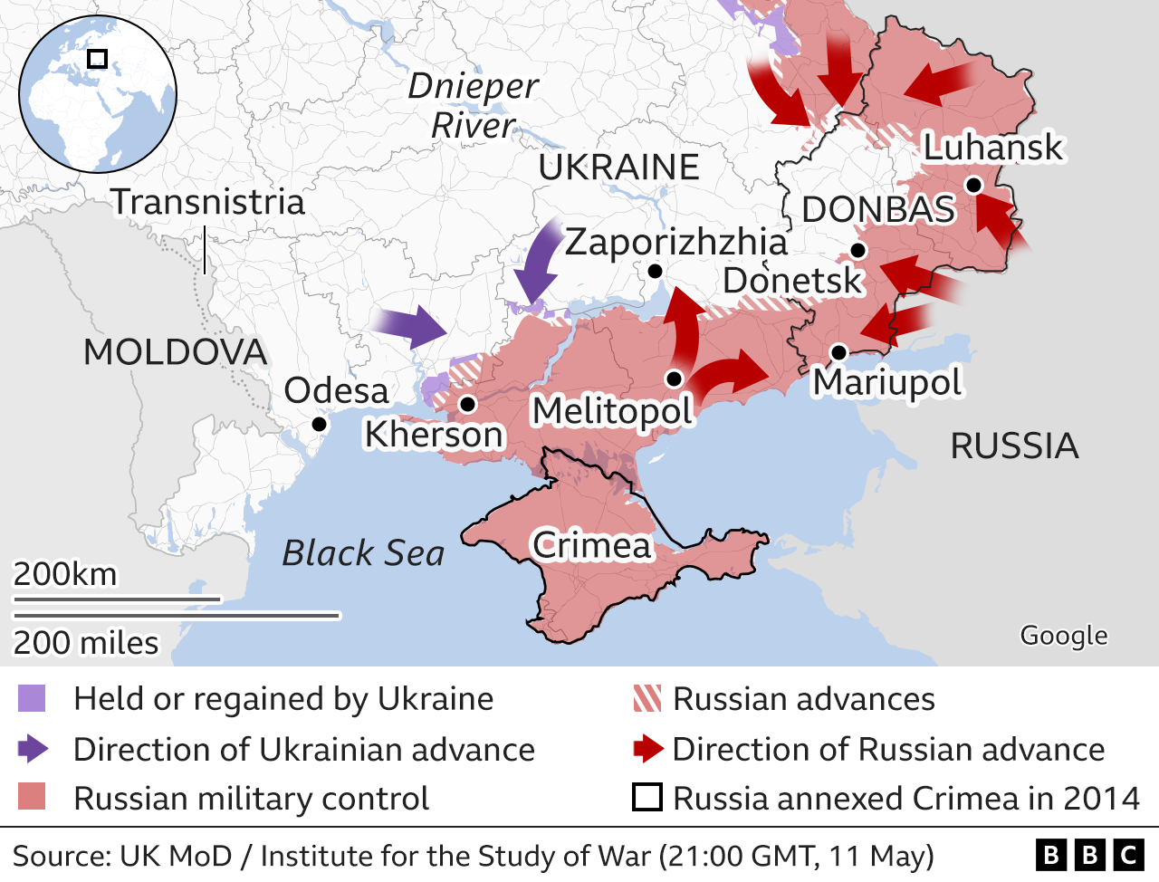Map showing the Russian military advance into Ukraine in the south
