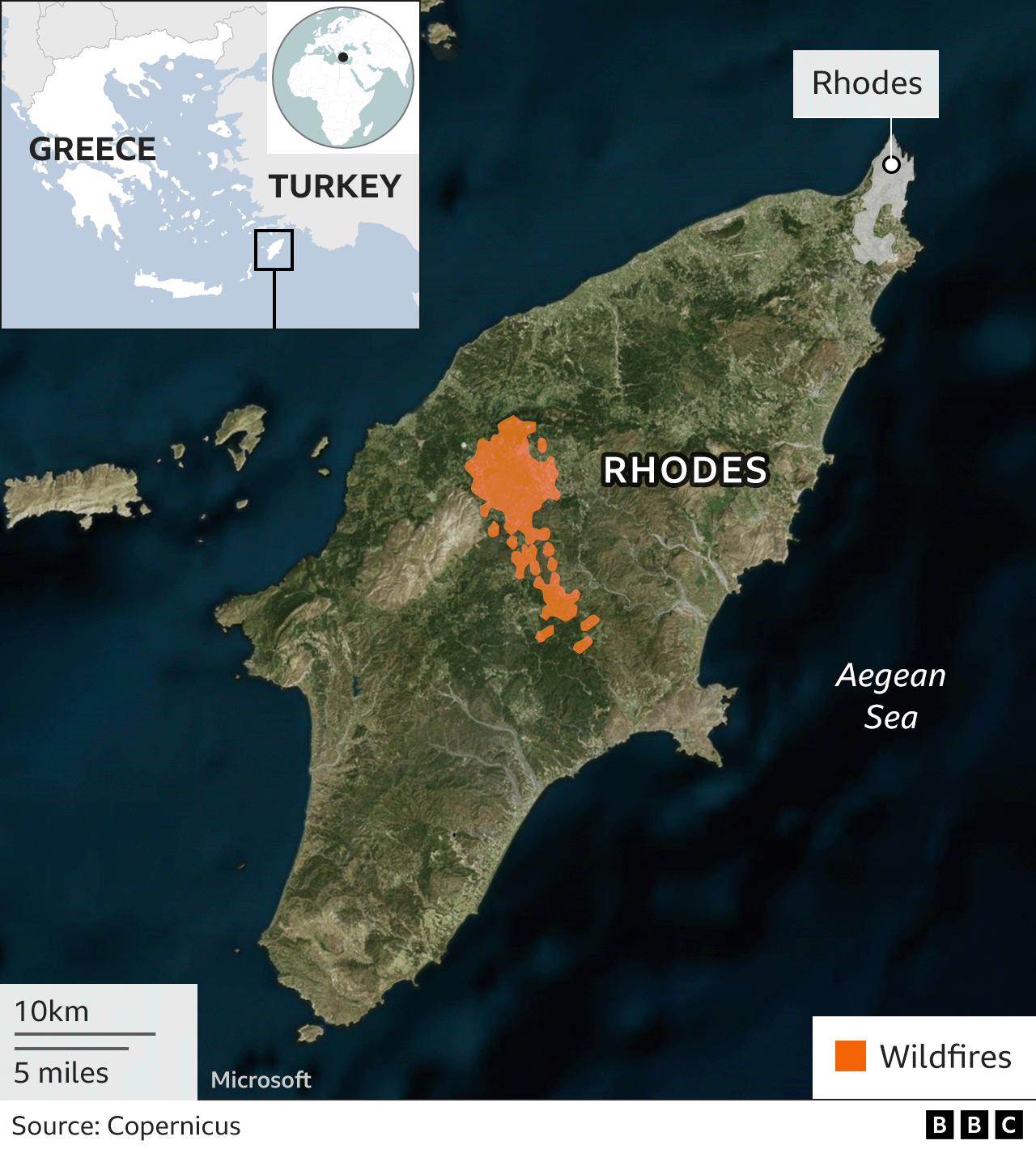 Map showing location of fires on Rhodes