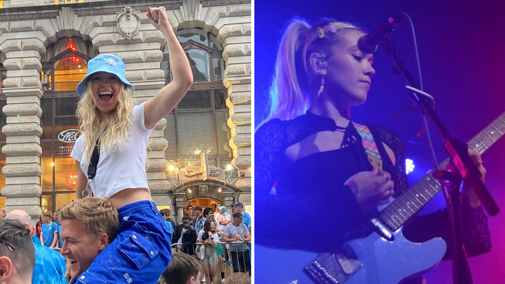 Bria Keely (l) at Manchester City's Treble-winning parade in 2023 and (r) on stage with Better Joy