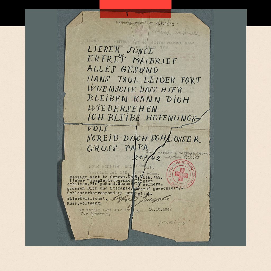 Alfred Josephs’ last message to his son written on torn paper which has been preserved by The Weiner Holocaust Library.