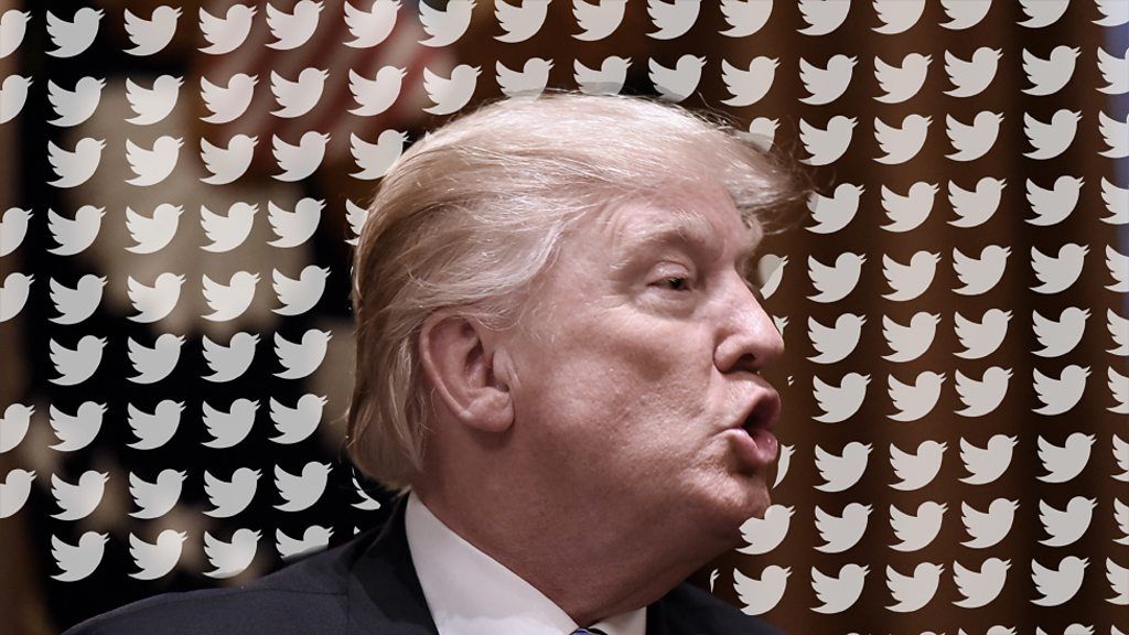 President Trump surrounded by Twitter icons