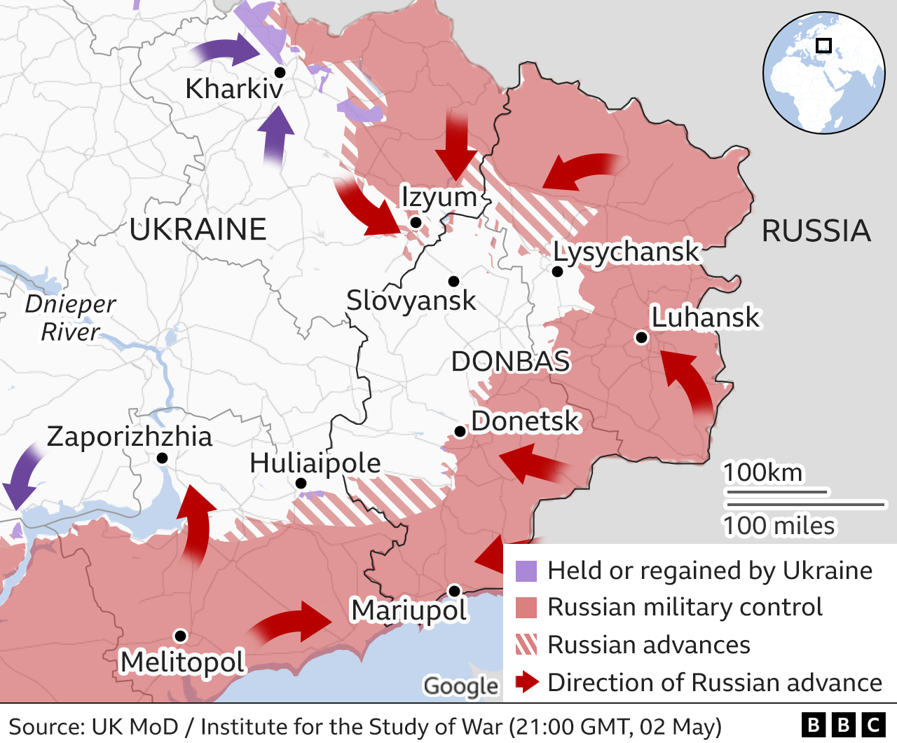 Map showing the Russian military advance into Ukraine from the east