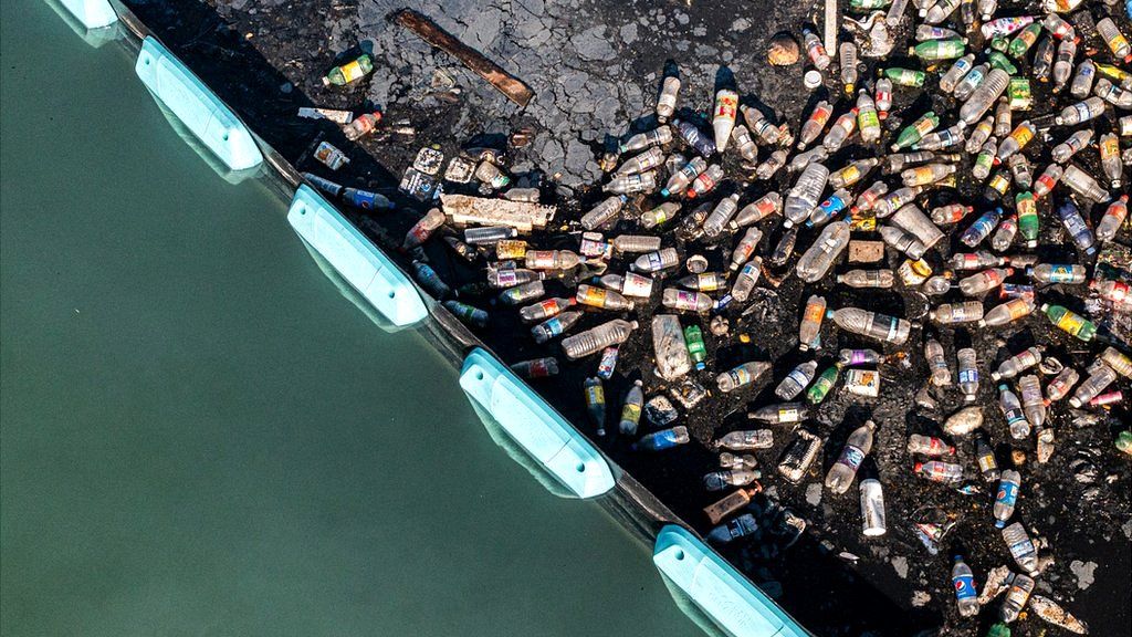 Plastic bottles piled up behind the Ocean Clean-up's interceptor barrier in Kingston Harbour, Jamaica