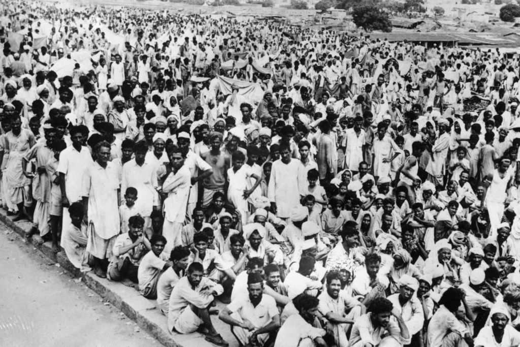 1947: Crowds of refugees gathered in Delhi having fled the Punjab riots (Photo by Keystone/Getty Images)