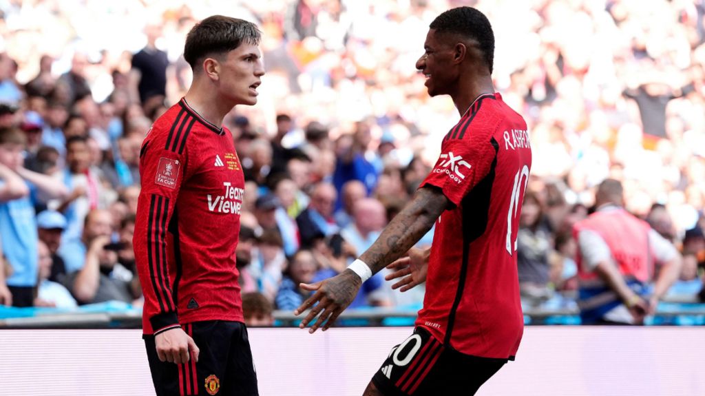 Alejandro Garnacho celebrates with Marcus Rashford after he scored for United in the FA Cup Final against Man City