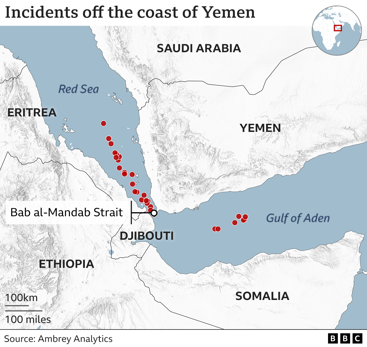 Map of Red Sea and Gulf of Aden showing attacks on shipping by Houthis