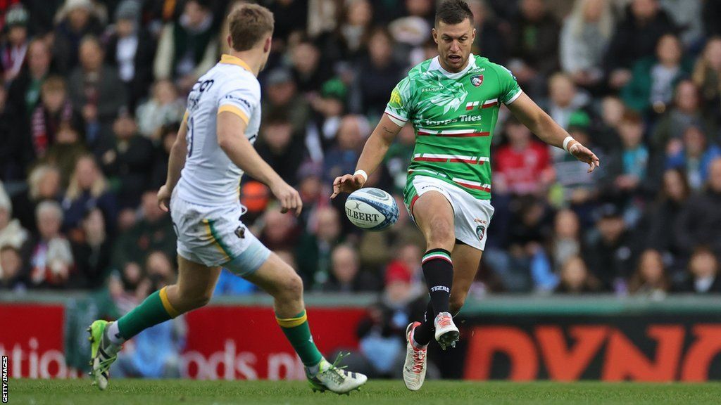 Handre Pollard kicks the ball for ward for Leicester against Northampton