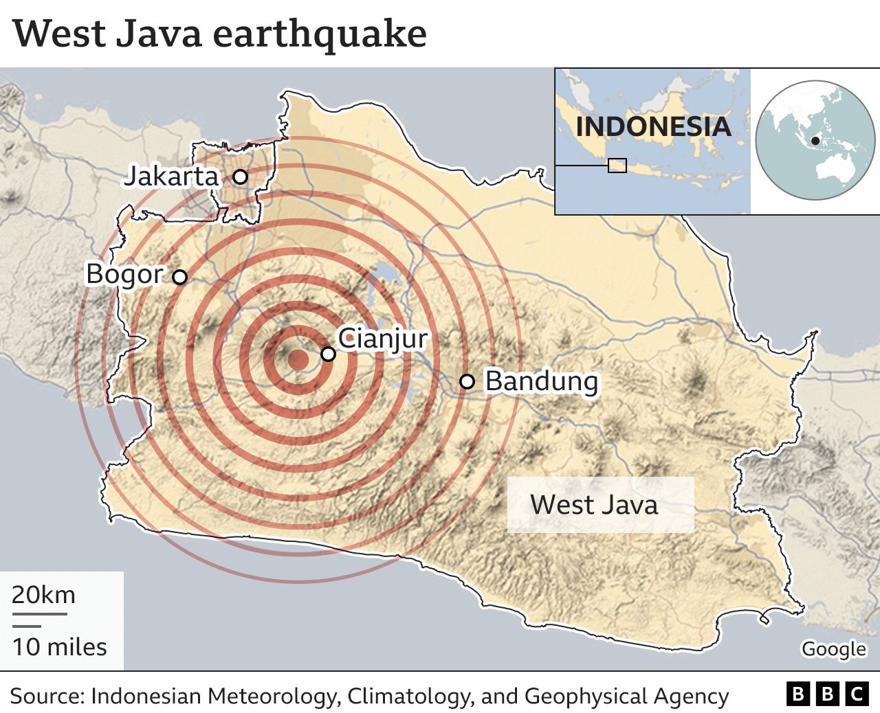 Карта с указанием места землетрясения в Индонезии
