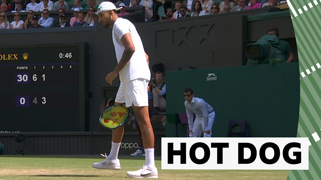 Wimbledon 2022: Watch Nick Kyrgios win point after hot dog against Brandon Nakashima.