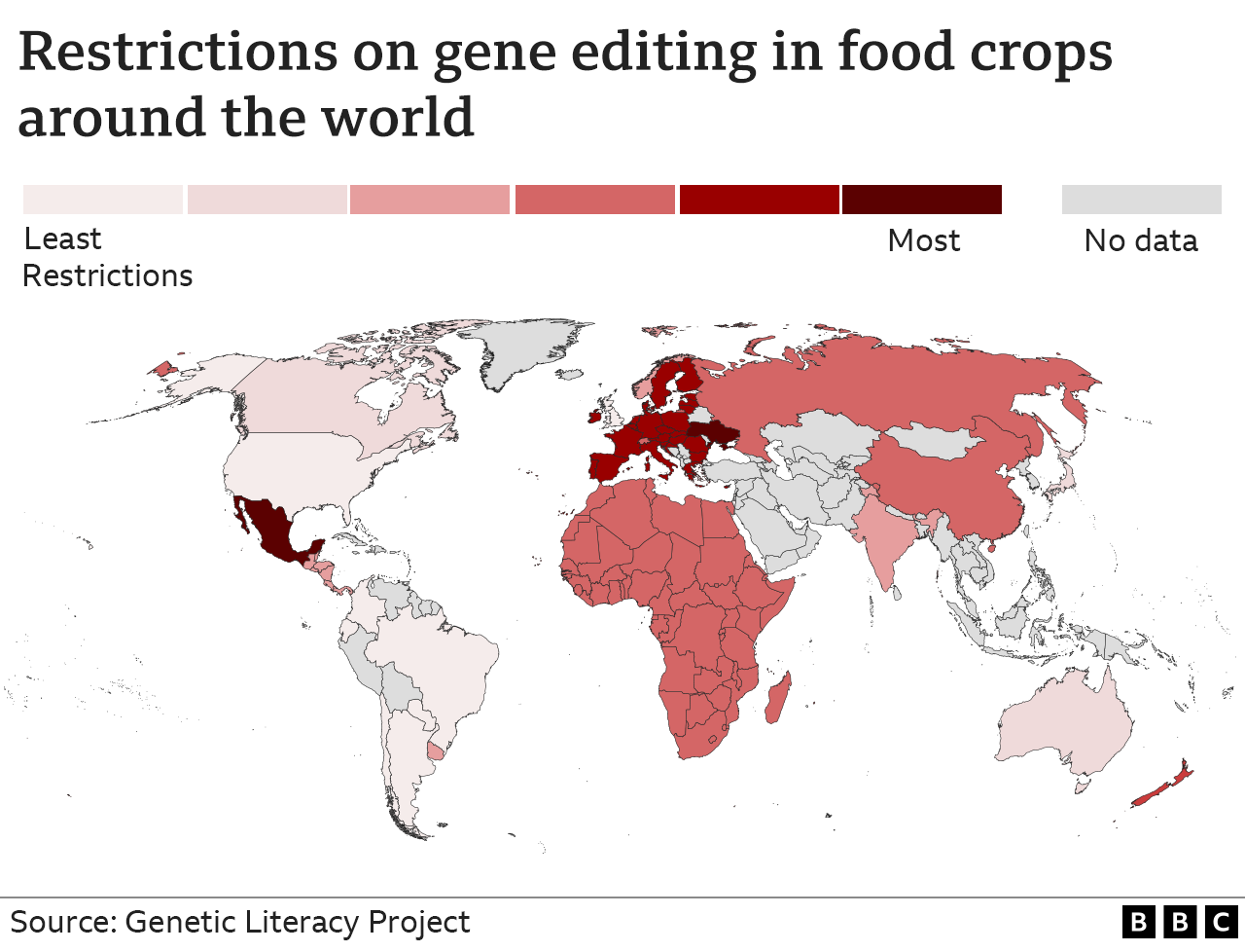 Map showing restrictions on gene editing in food crops around the world
