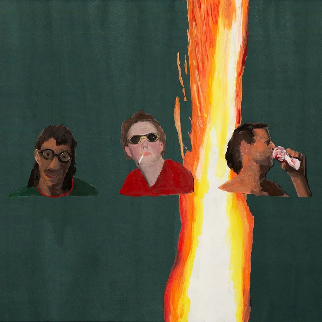 Artwork for MJ Lenderman's album, Manning Fireworks. Three figures (presumably men ) in painted form against a green background and what looks like a flame or fire in the background