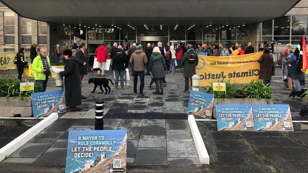 Protesters gathered outside County Hall in Truro