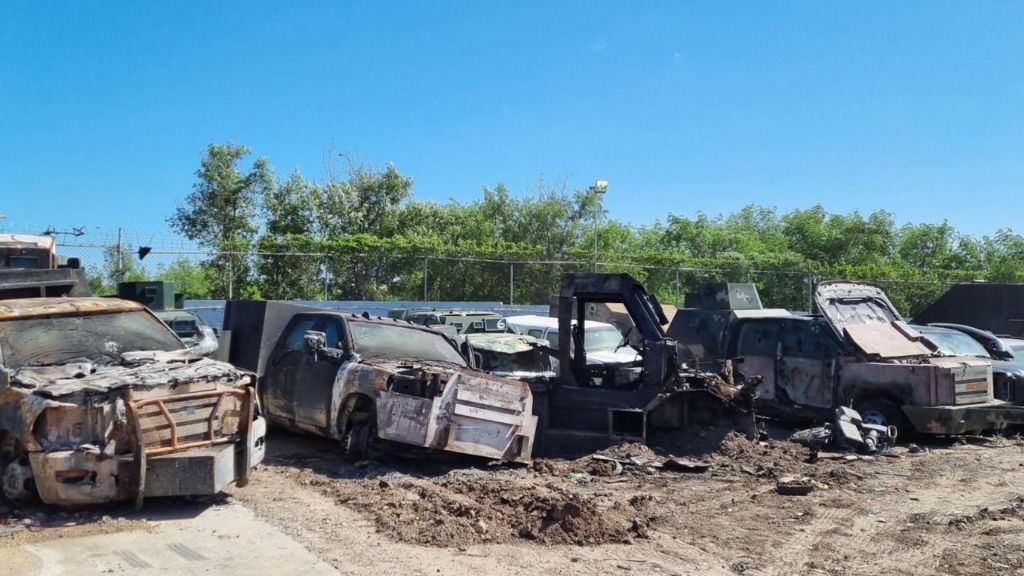 A view of some of the monster trucks destroyed in Tamaulipas