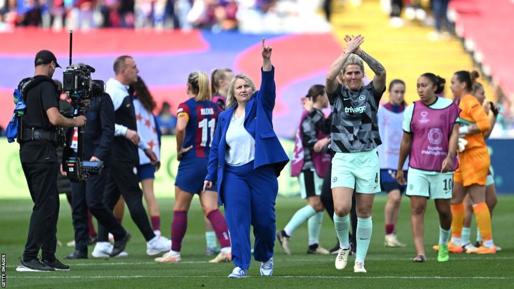 Emma Hayes and Millie Bright celebrate at full-time in Spain