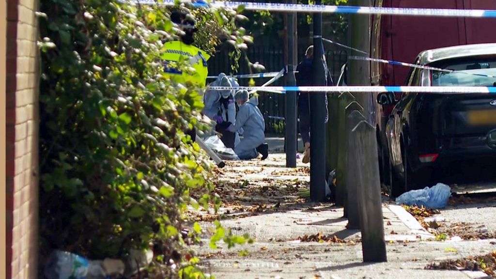 Forensic investigators in white protective suits examine a cordoned‑off residential street while a police officer in a high‑visibility jacket stands nearby. Blue-and-white “Police Do Not Cross” tape blocks the area, with a parked car and fallen leaves visible along the pavement.