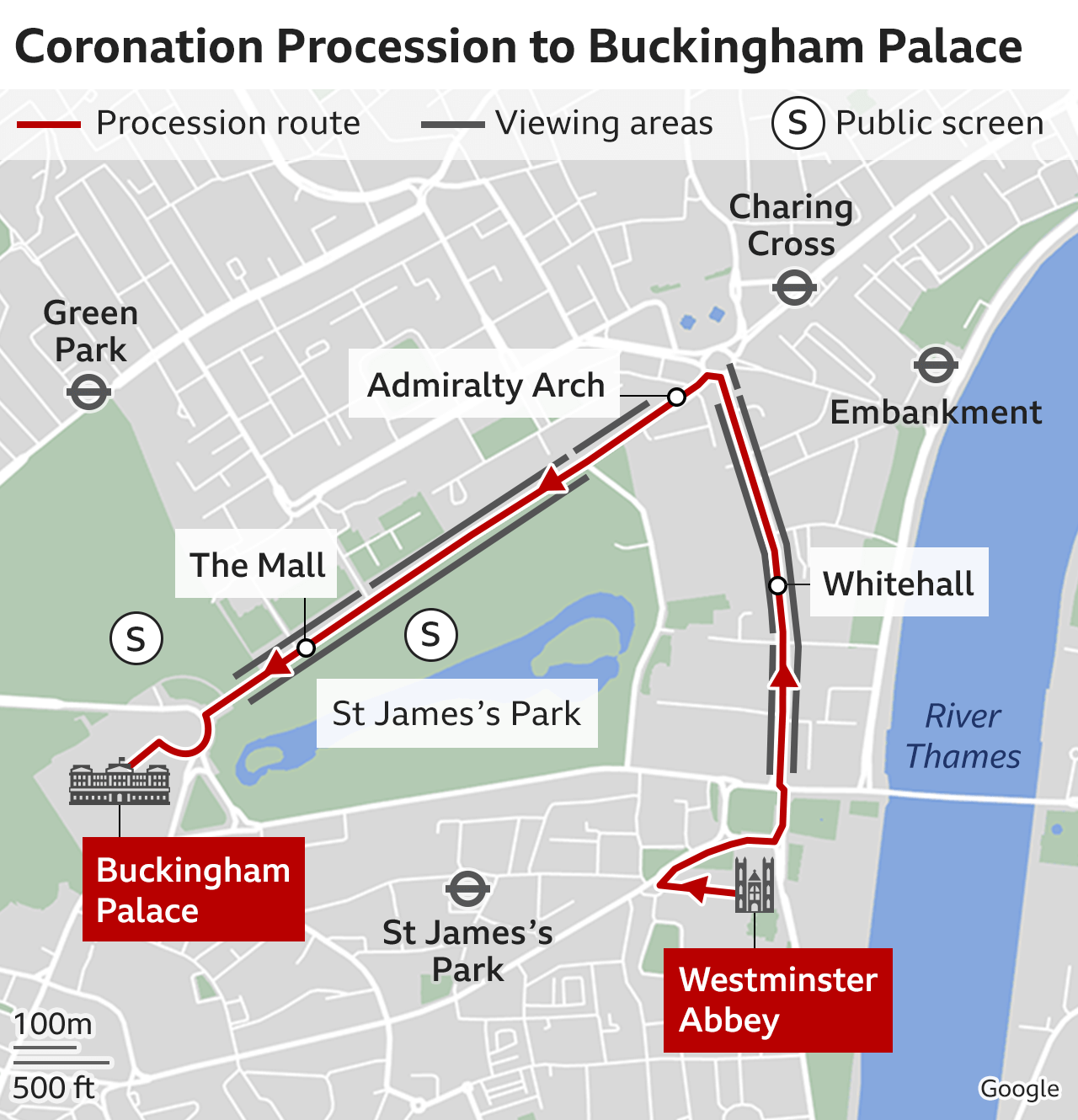 Map showing the Coronation Procession route from Westminster Abbey back to Buckingham Palace