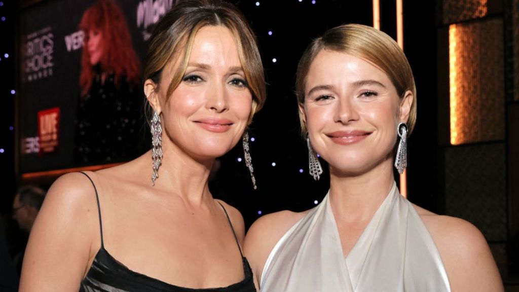 Rose Byrne and Jessie Buckley attend the 31st Annual Critics Choice Awards at Barker Hangar on January 04, 2026 in Santa Monica, California.