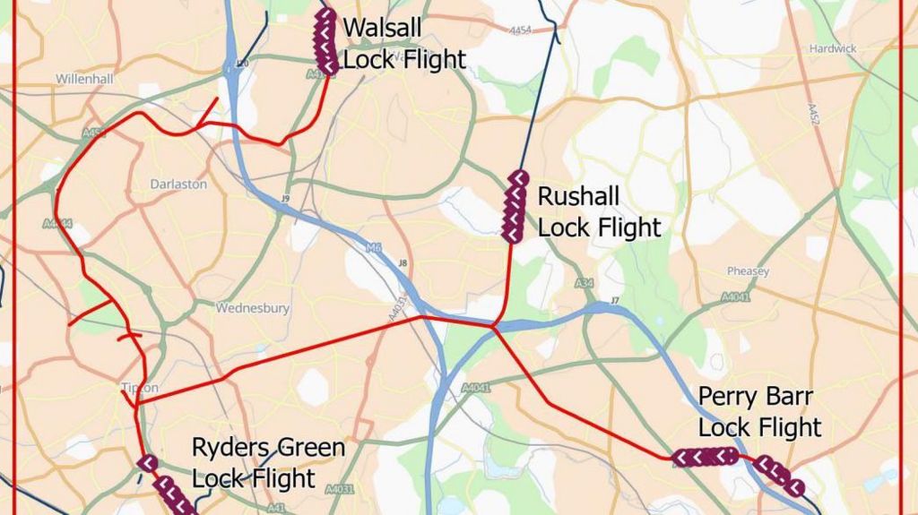 A map showing four areas of canal around Walsall and Birmingham people are being asked to avoid