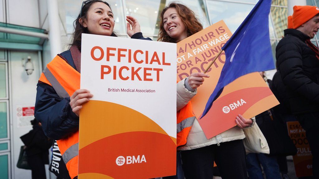 Junior doctors and members of the British Medical Association (BMA) on the picket line outside University College Hospital, London, during their continuing dispute over pay