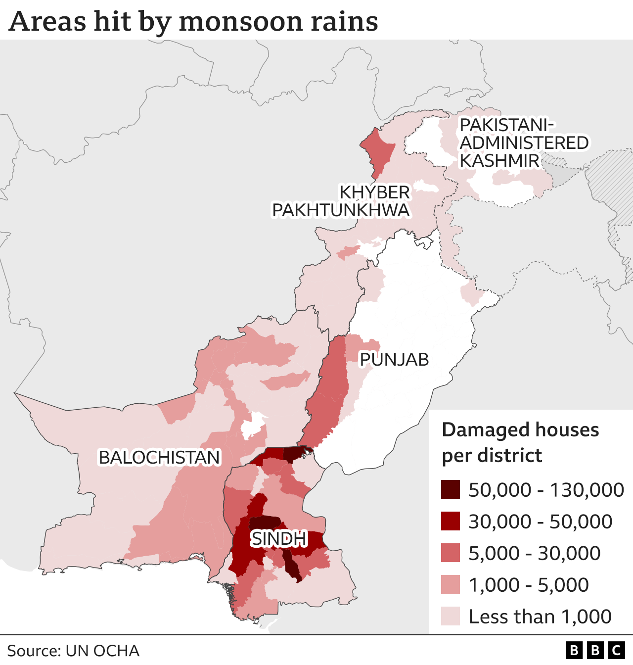 Mapa que muestra los daños causados por las lluvias monzónicas