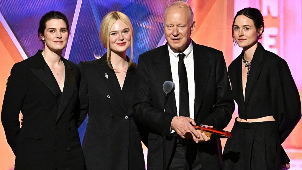 Inga Ibsdotter Lilleaas, Elle Fanning, Stellan Skarsgård, and Renate Reinsve accept Best Intergen/Foreign for "Sentimental Value" onstage during the 2026 Annual Movies for Grownups Awards with AARP at Beverly Wilshire, A Four Seasons Hotel on January 10, 2026 in Beverly Hills, California.