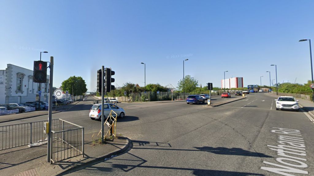 A large road junction with traffic lights