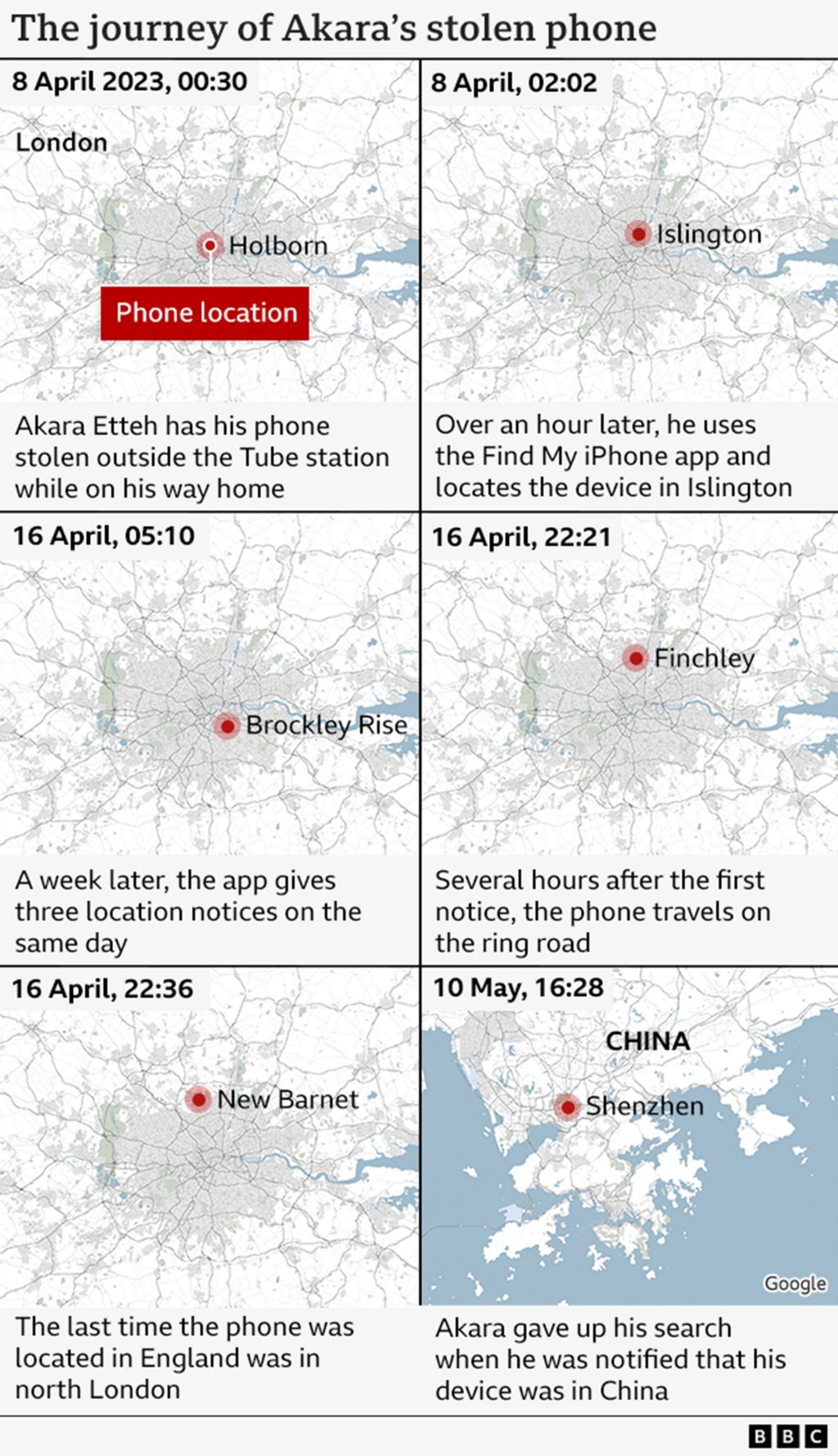 A map showing the phone's locations popping up across London, before appearing in China.