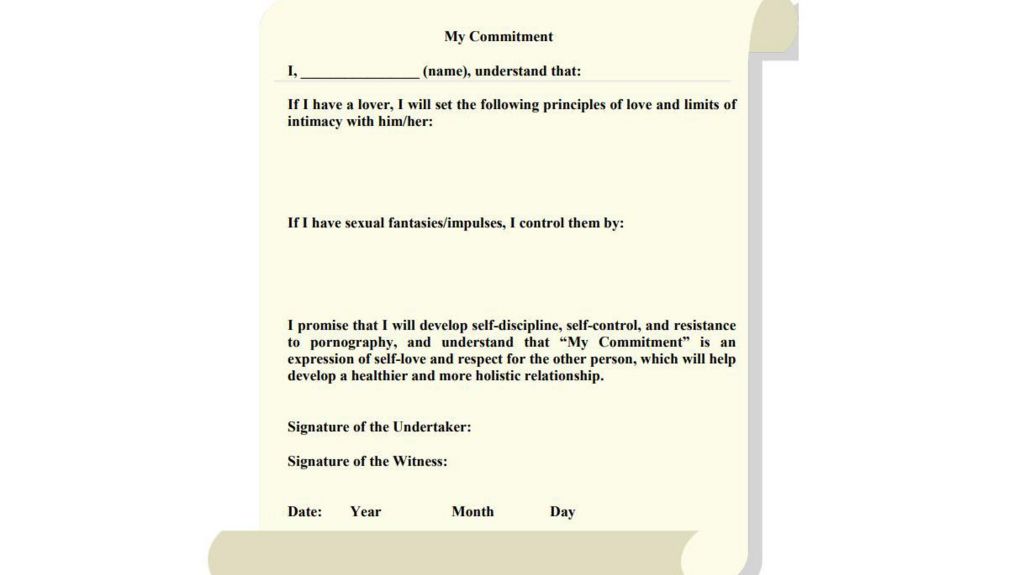 Picture of the My Commitment form which asks students to attest that they will develop self discipline, self control and resistance to pornography. 