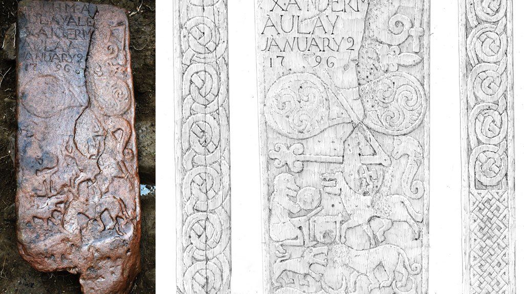 The carved stone and illustration of its symbols